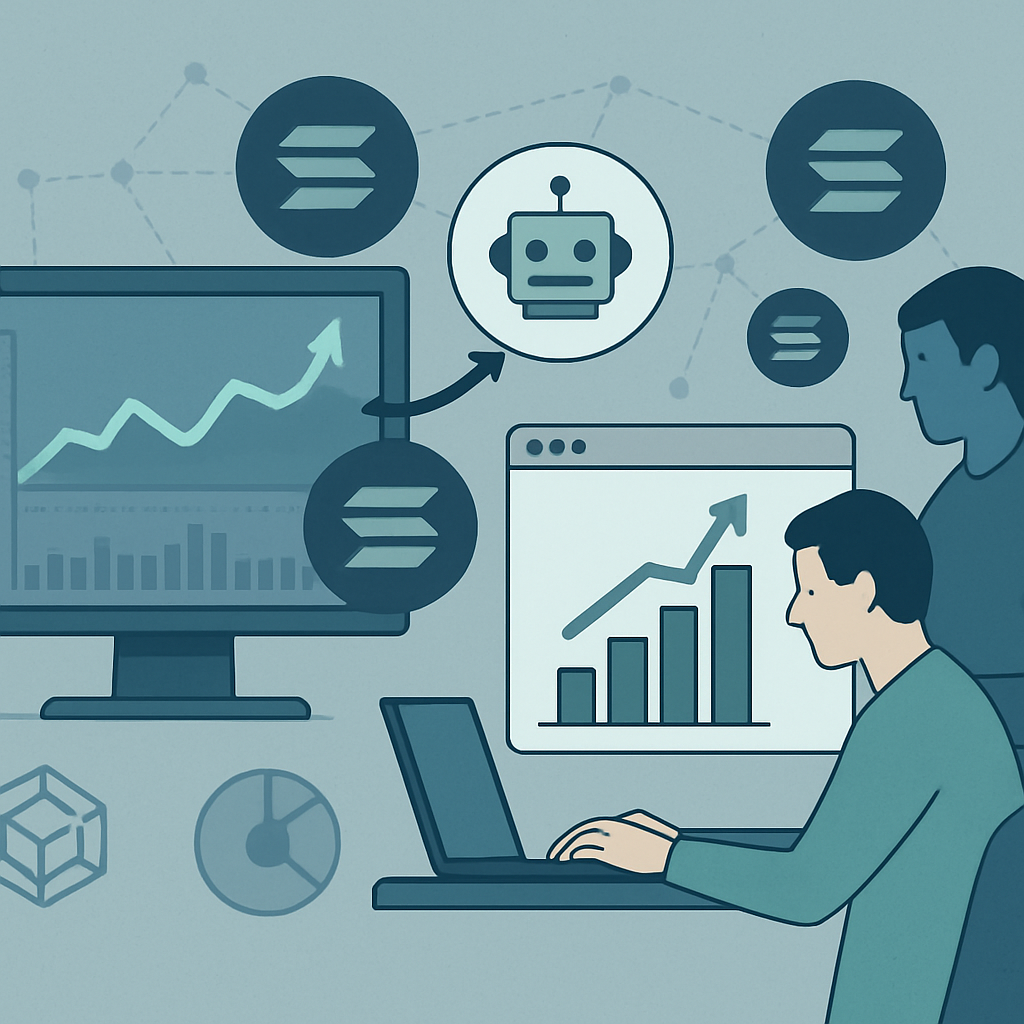 Crypto trader dashboard showing DexScreener charts reacting to live Solana token volume - Step-by-Step Strategy to Trend on DexScreener with a Bot