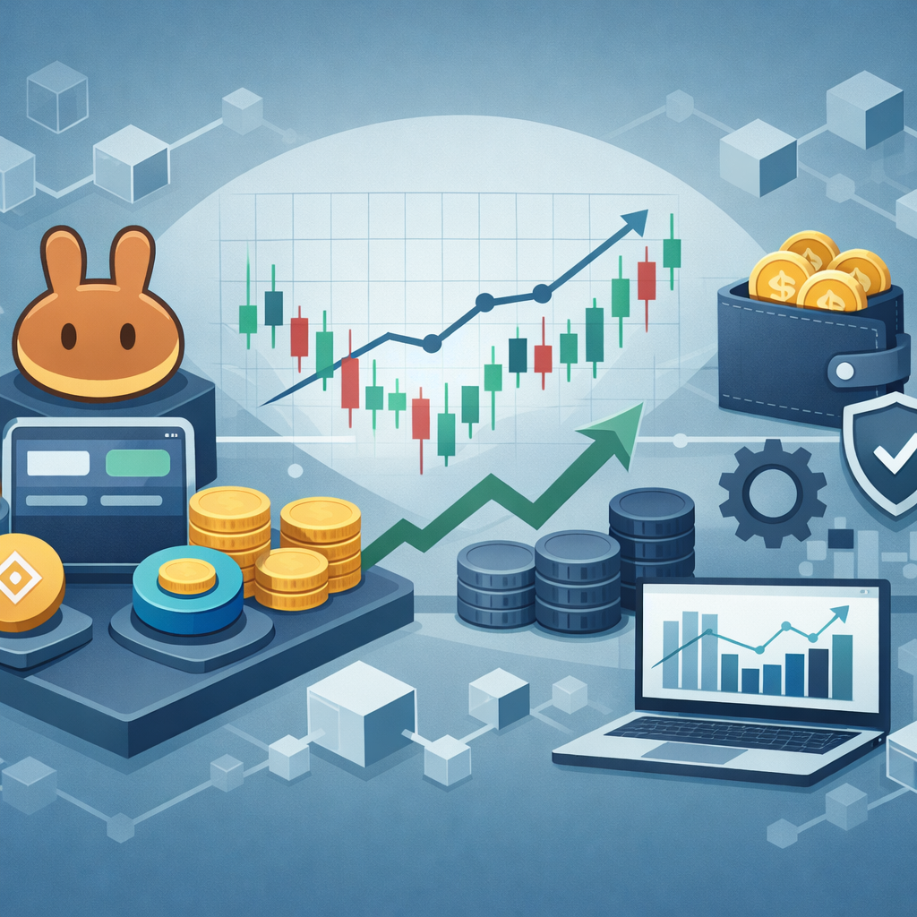 BNB Chain PancakeSwap trading chart with volume growth and liquidity pool icons - The goal: believable flow, not a one-day screenshot